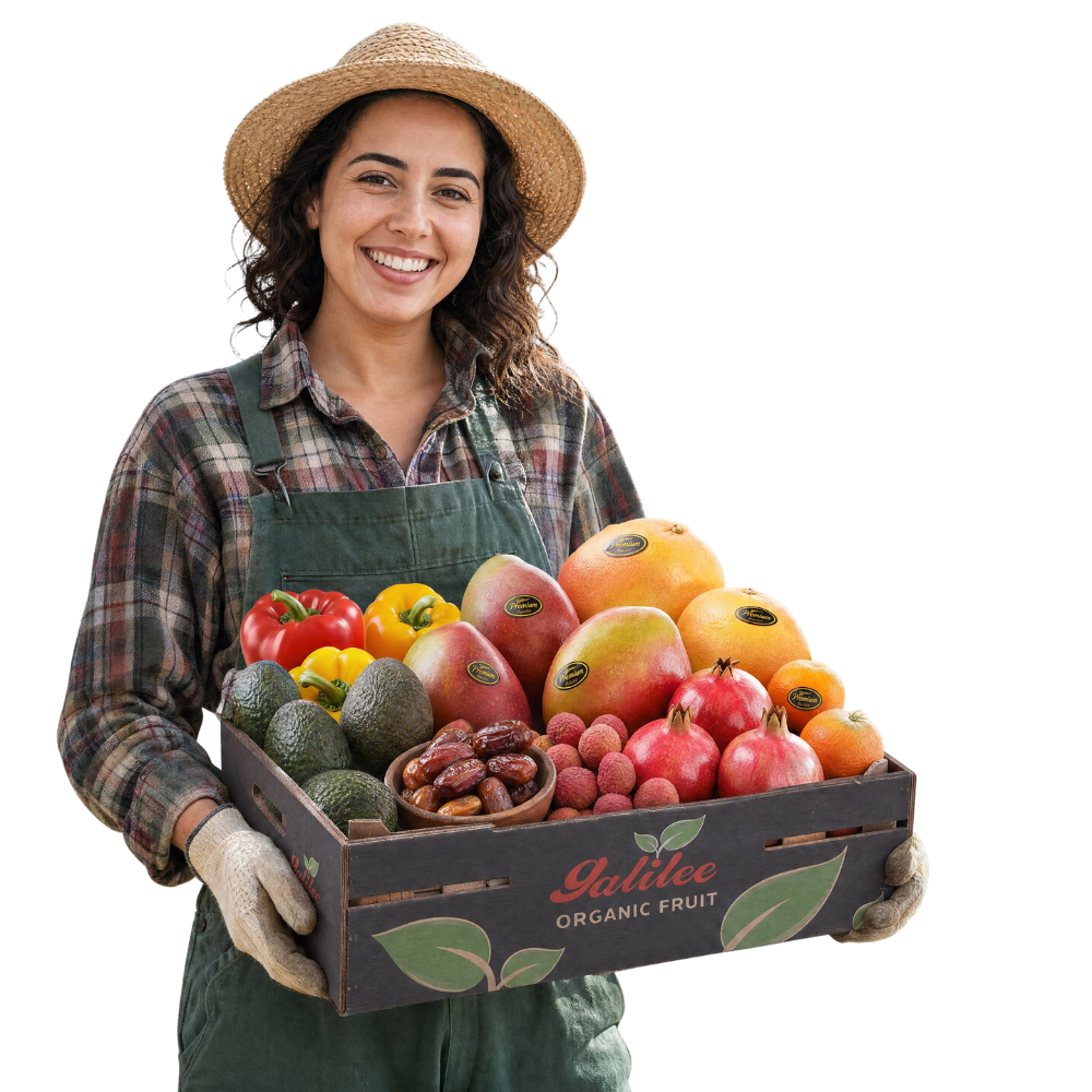A Galilee farmer holding a crate of produce
