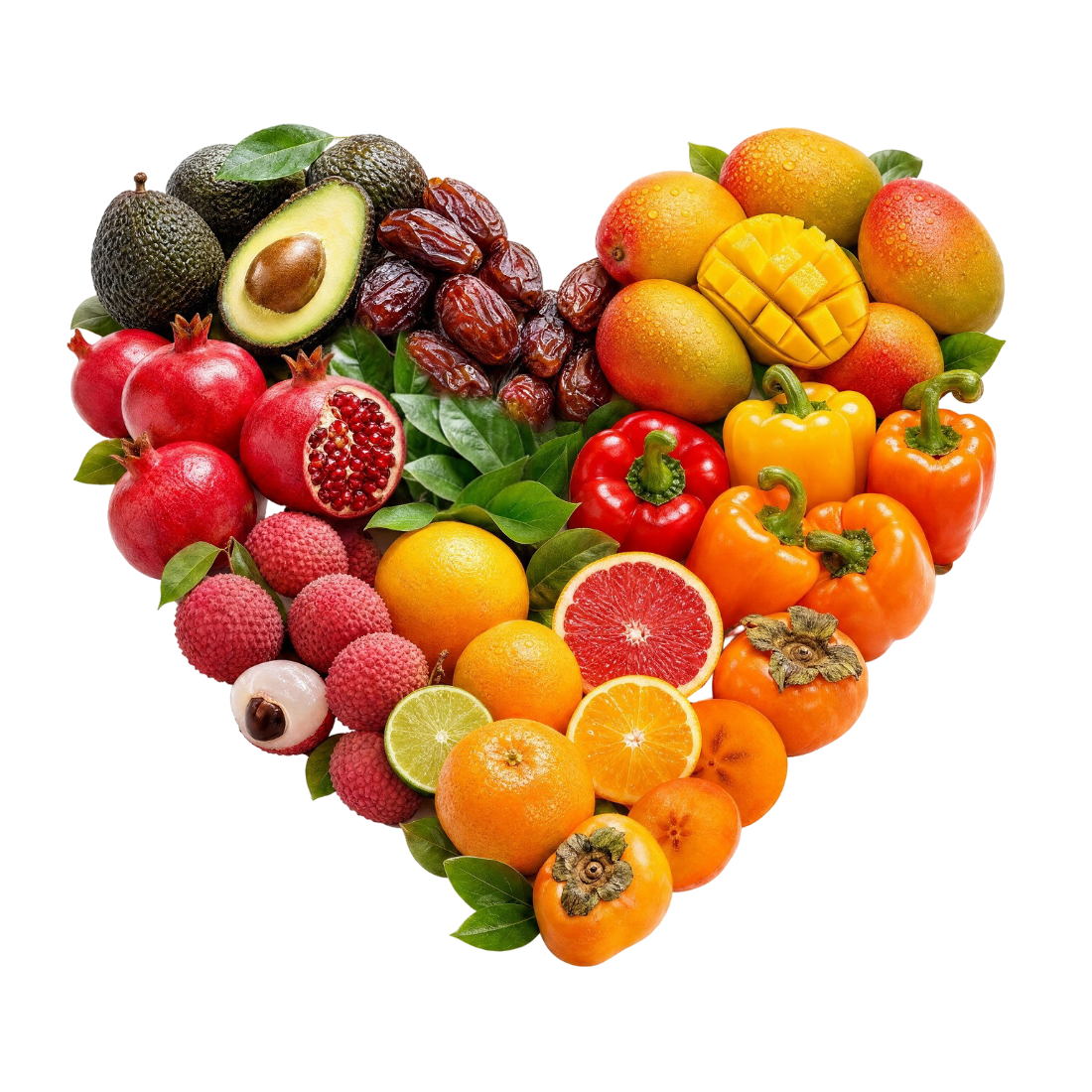 A heart arranged from Galilee produce: avocados, dates, mangoes, peppers, citrus, lychees, pomegranates and sharon fruit